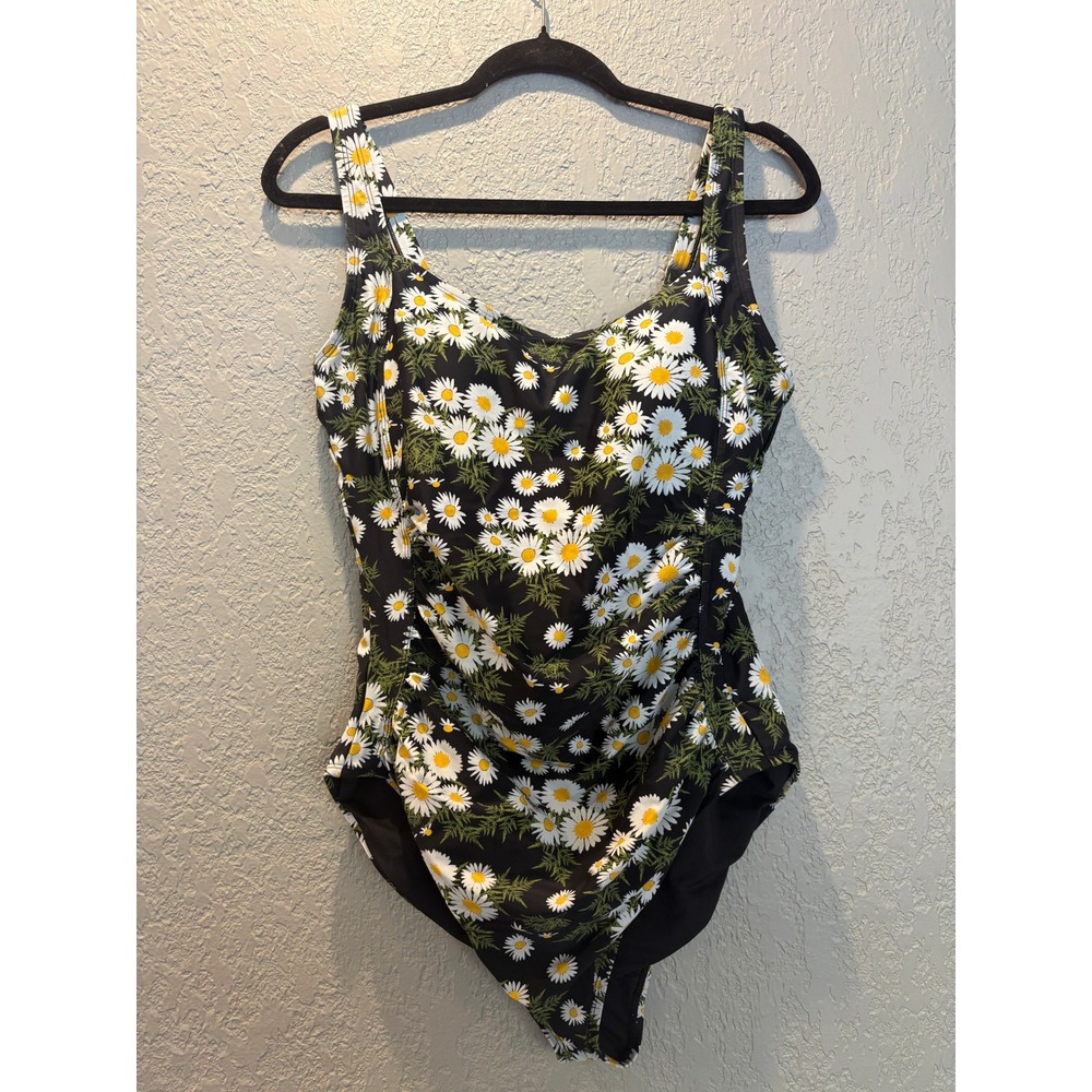 Daisy Print One Piece Swimsuit Black Floral‎ Ruched Bathing Suit